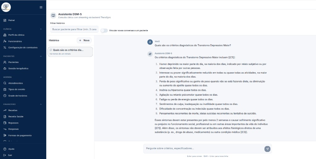 Assistente DSM-5 no TheraSync: consulta clínica com critérios do Transtorno Depressivo Maior, histórico de conversas e streaming via backend